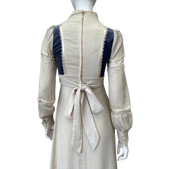 Gunne Sax Style Vintage 1970’s Peasant Dress Blue Velvet Panels Maxi Length XS - Picture 7 of 13